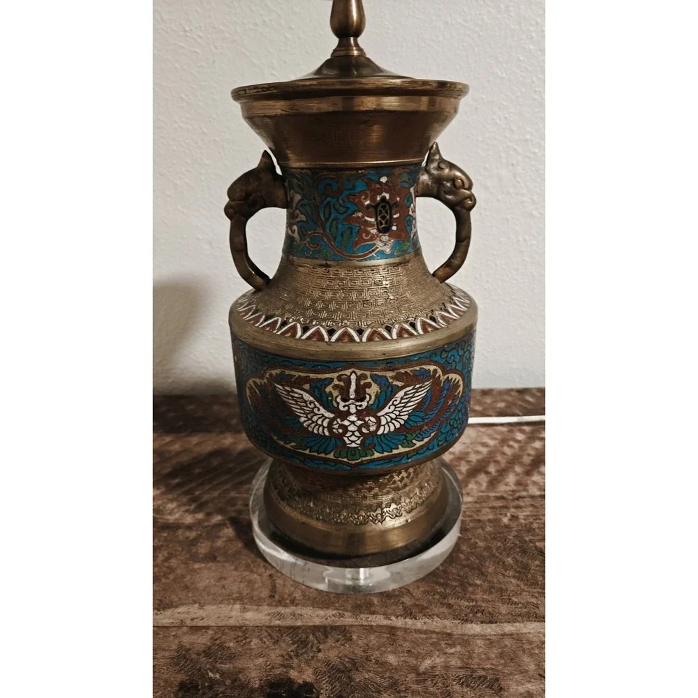 Vintage Japanese Champleve Bronze Enamel Cloisonne Table Lamp Works!